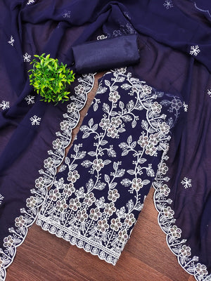 Classic Navy Blue Floral Thread Embroidery Georgette Dress Material For Timeless Ethnic Wear - Image 1