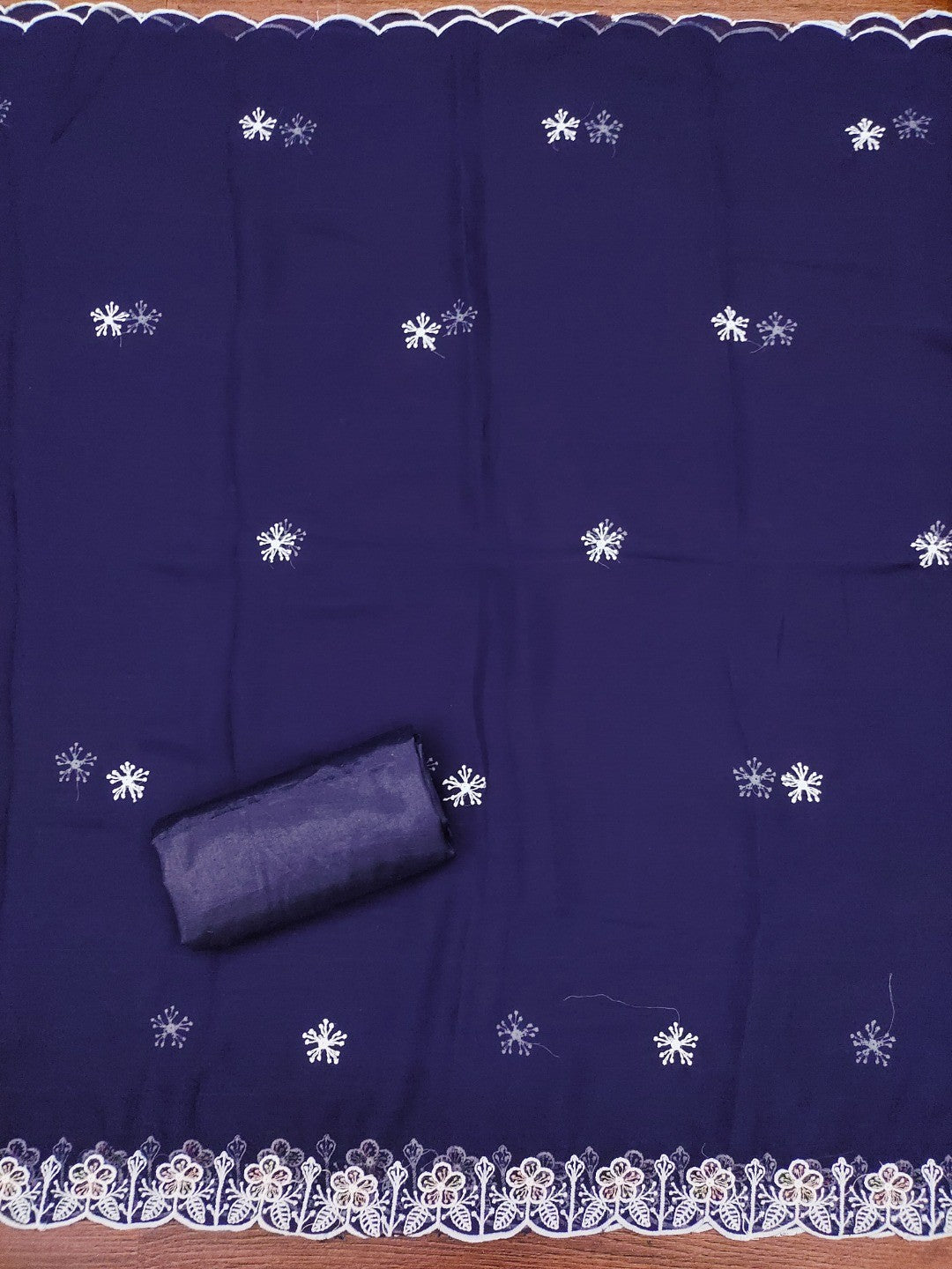 Classic Navy Blue Floral Thread Embroidery Georgette Dress Material For Timeless Ethnic Wear - Image 5