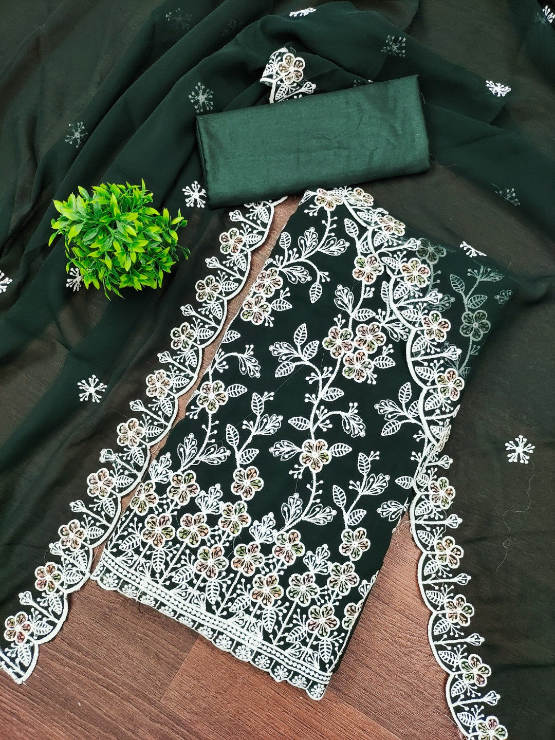 Classic Green Floral Thread Embroidery Georgette Dress Material For Timeless Ethnic Wear - Image 1