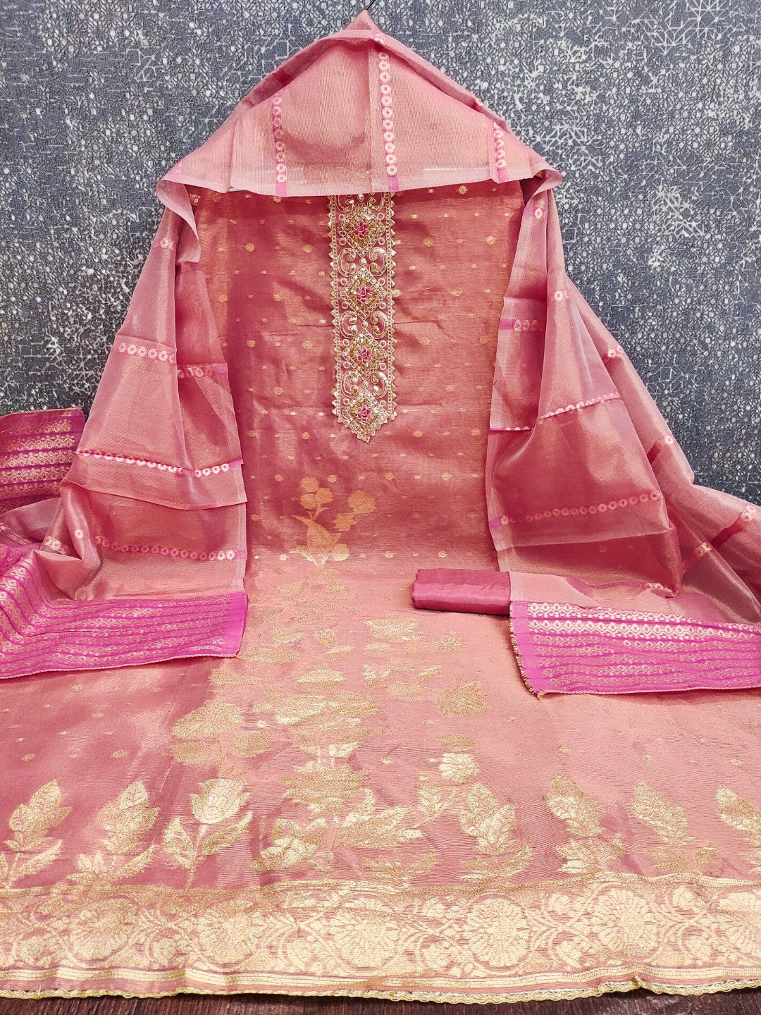 Pink Floral Woven Shimmer Dress Material Featuring Delicate Sequins Embroidery On The Neckline - Image 3