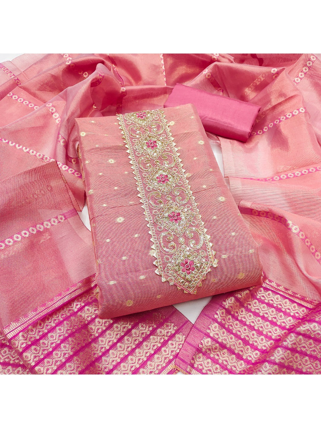 Pink Floral Woven Shimmer Dress Material Featuring Delicate Sequins Embroidery On The Neckline - Image 1