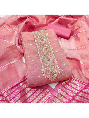 Pink Floral Woven Shimmer Dress Material Featuring Delicate Sequins Embroidery On The Neckline - Image 1