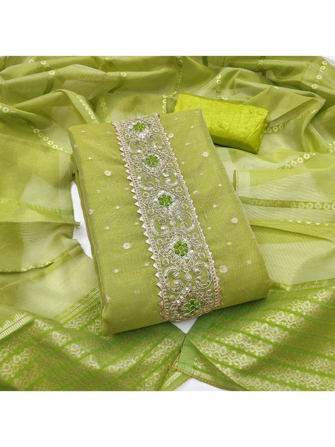 Green Floral Woven Shimmer Dress Material Featuring Delicate Sequins Embroidery On The Neckline - Image 1