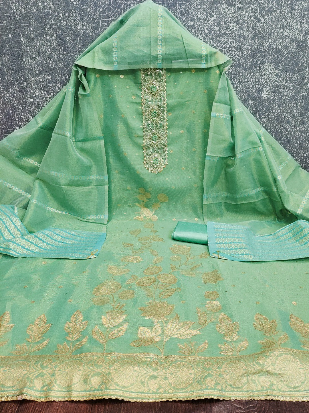 Sea Green Floral Woven Shimmer Dress Material Featuring Delicate Sequins Embroidery On The Neckline - Image 4