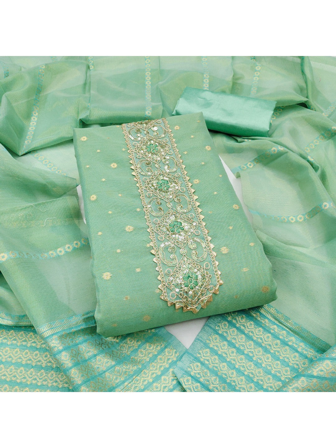 Sea Green Floral Woven Shimmer Dress Material Featuring Delicate Sequins Embroidery On The Neckline - Image 1