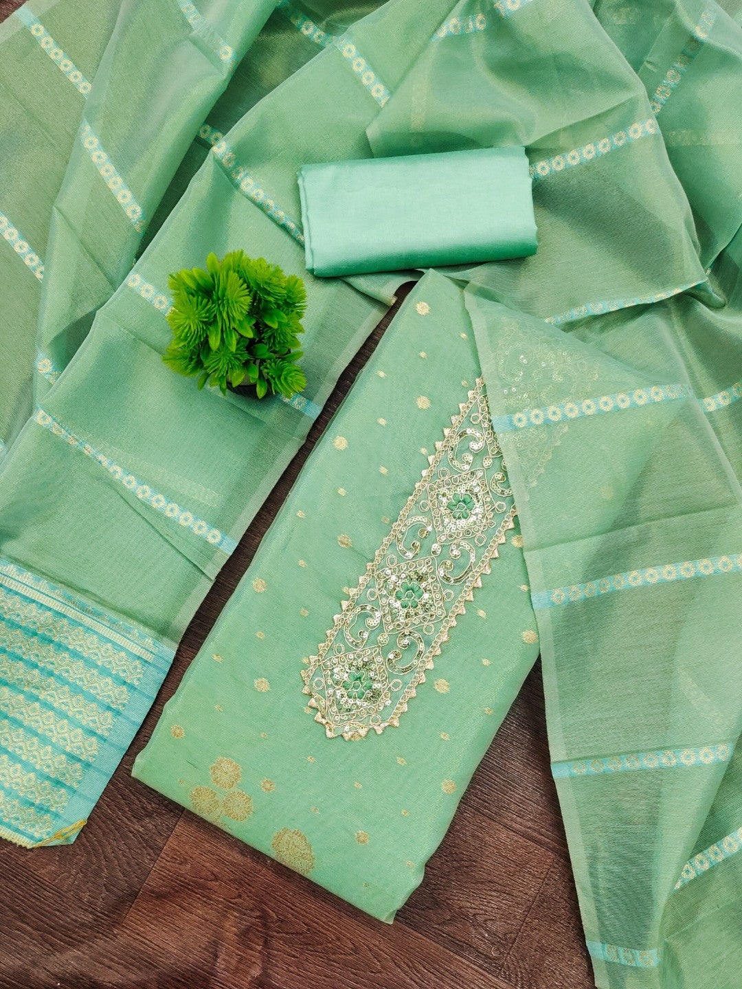 Sea Green Floral Woven Shimmer Dress Material Featuring Delicate Sequins Embroidery On The Neckline - Image 3