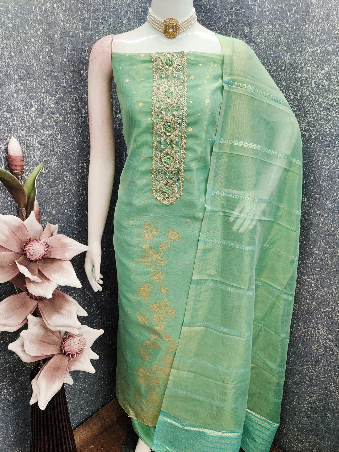 Sea Green Floral Woven Shimmer Dress Material Featuring Delicate Sequins Embroidery On The Neckline - Image 5