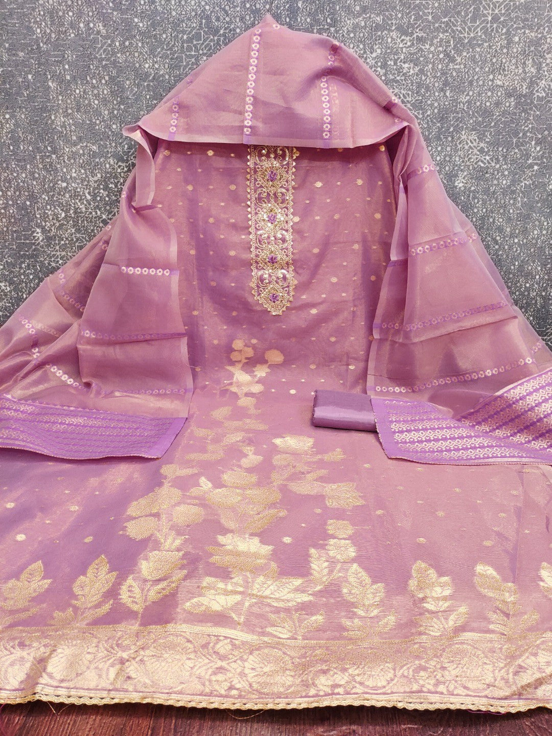 Lavender Floral Woven Shimmer Dress Material Featuring Delicate Sequins Embroidery On The Neckline - Image 4