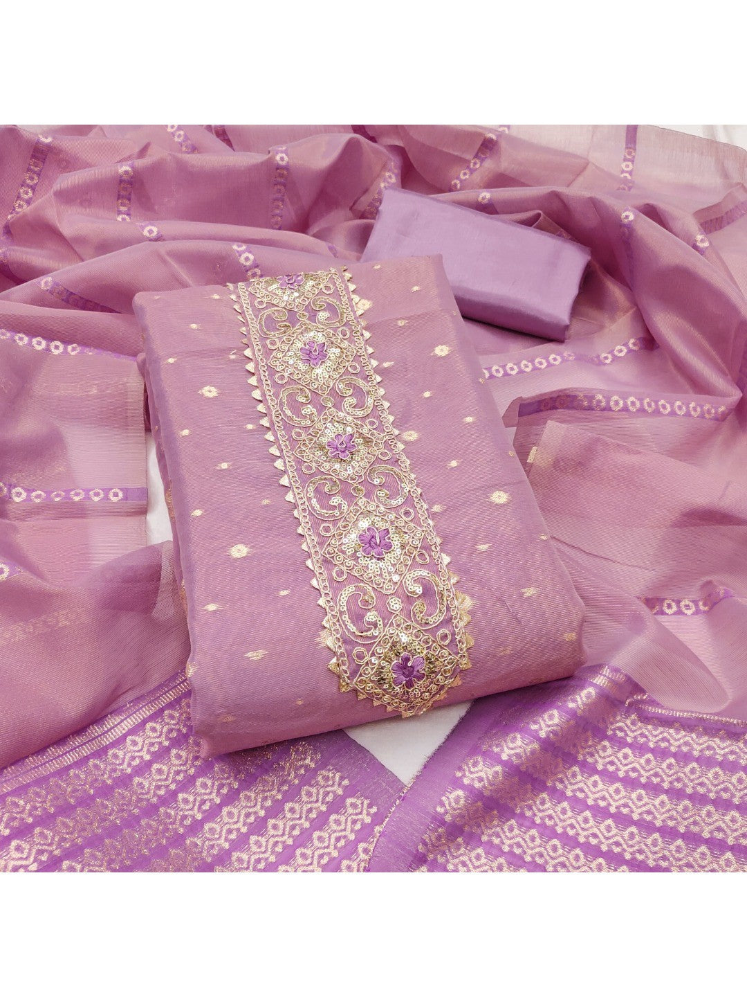 Lavender Floral Woven Shimmer Dress Material Featuring Delicate Sequins Embroidery On The Neckline - Image 1