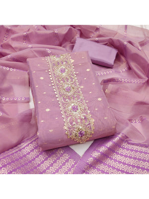 Lavender Floral Woven Shimmer Dress Material Featuring Delicate Sequins Embroidery On The Neckline - Image 1