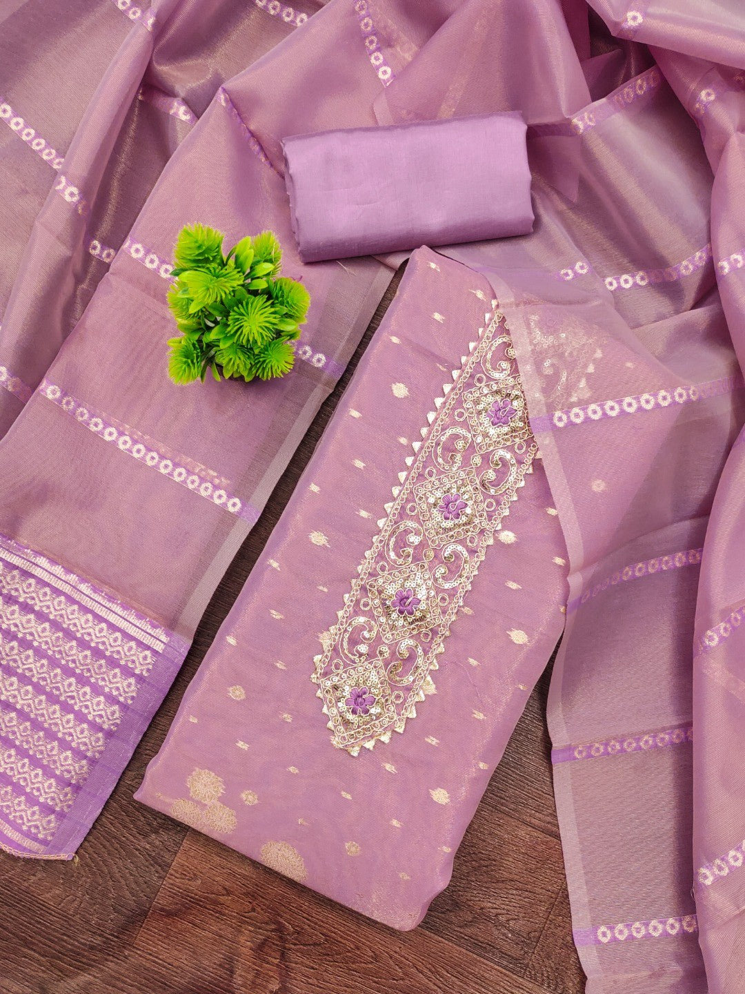 Lavender Floral Woven Shimmer Dress Material Featuring Delicate Sequins Embroidery On The Neckline - Image 3