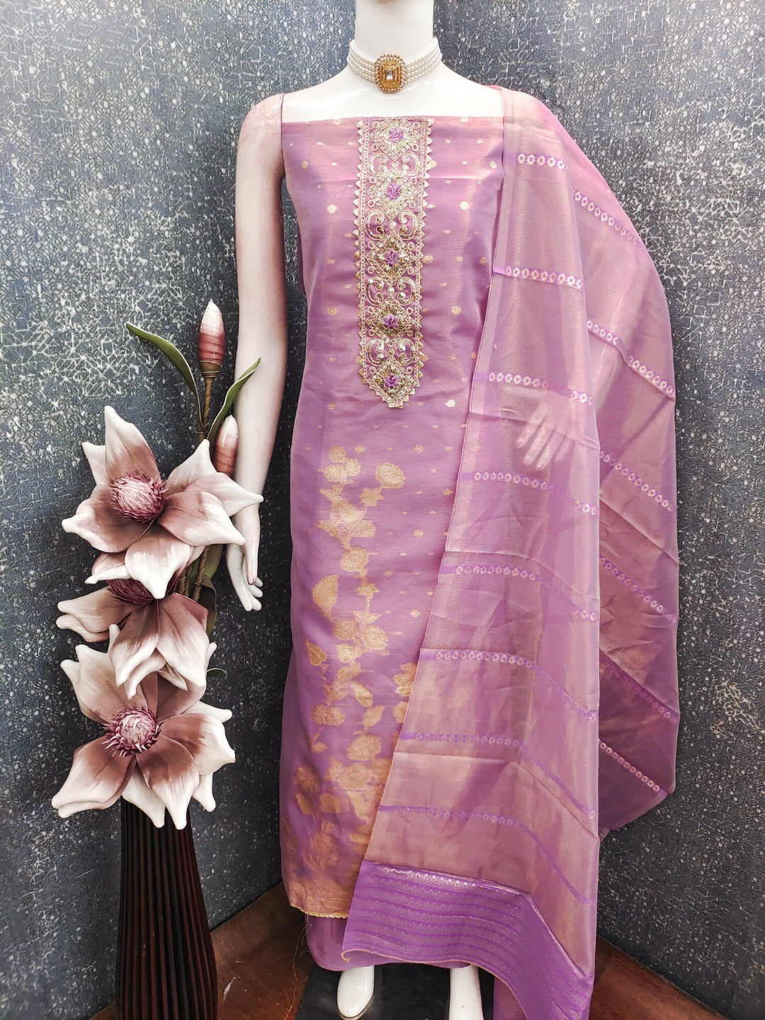 Lavender Floral Woven Shimmer Dress Material Featuring Delicate Sequins Embroidery On The Neckline - Image 5