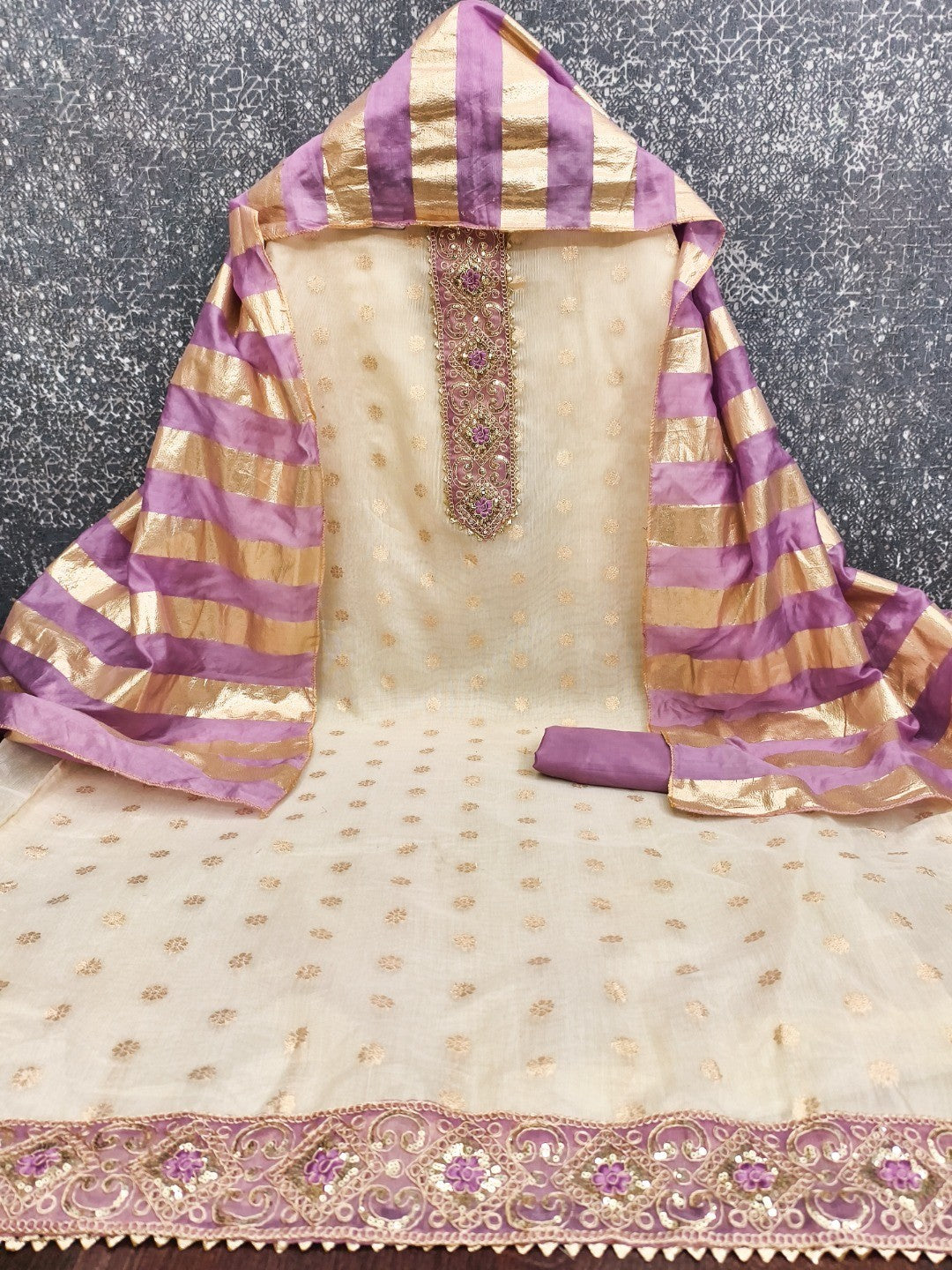 Cream & Lavender Floral Weaving Shimmer Dress Material Adorned With Elegant Sequins Embroidery - Image 2