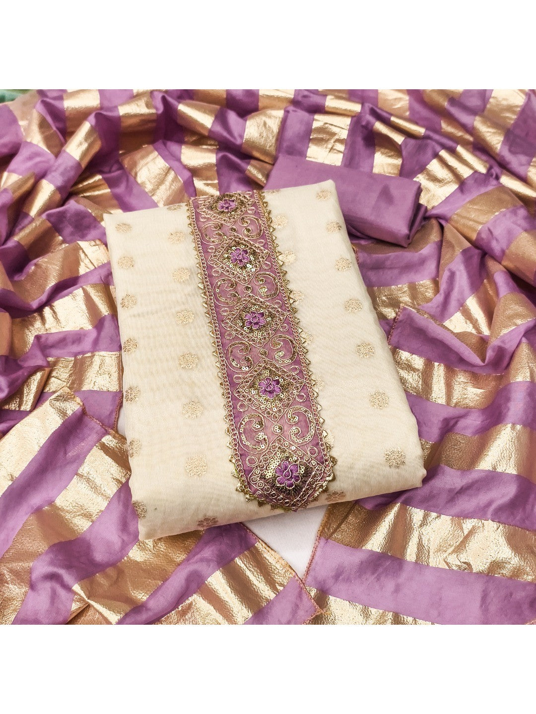 Cream & Lavender Floral Weaving Shimmer Dress Material Adorned With Elegant Sequins Embroidery - Image 1