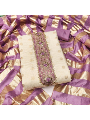 Cream & Lavender Floral Weaving Shimmer Dress Material Adorned With Elegant Sequins Embroidery - Image 1