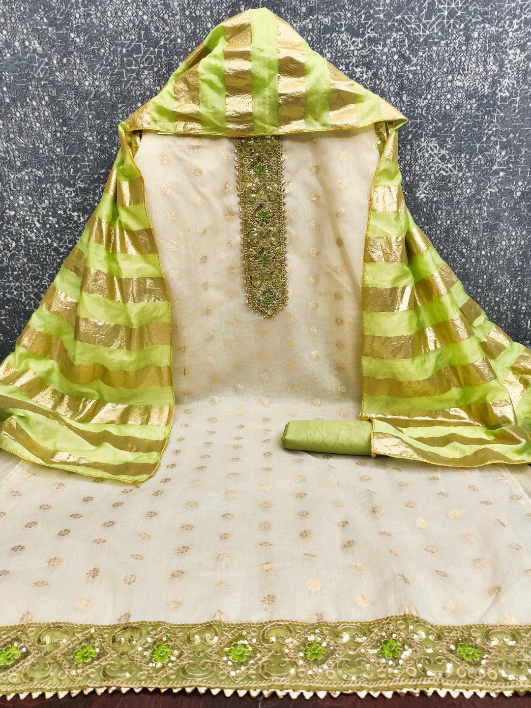 Cream & Green Floral Weaving Shimmer Dress Material Adorned With Elegant Sequins Embroidery - Image 3