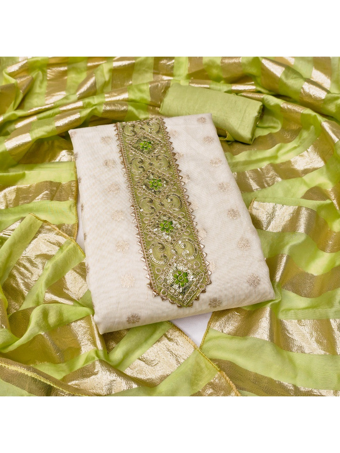 Cream & Green Floral Weaving Shimmer Dress Material Adorned With Elegant Sequins Embroidery - Image 3