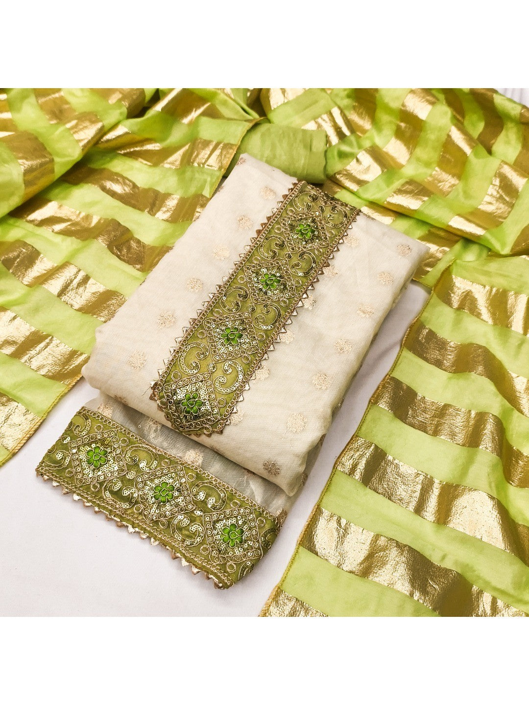 Cream & Green Floral Weaving Shimmer Dress Material Adorned With Elegant Sequins Embroidery - Image 1