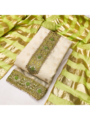 Cream & Green Floral Weaving Shimmer Dress Material Adorned With Elegant Sequins Embroidery - Image 1