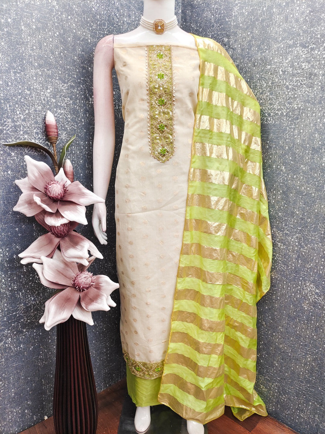 Cream & Green Floral Weaving Shimmer Dress Material Adorned With Elegant Sequins Embroidery - Image 5