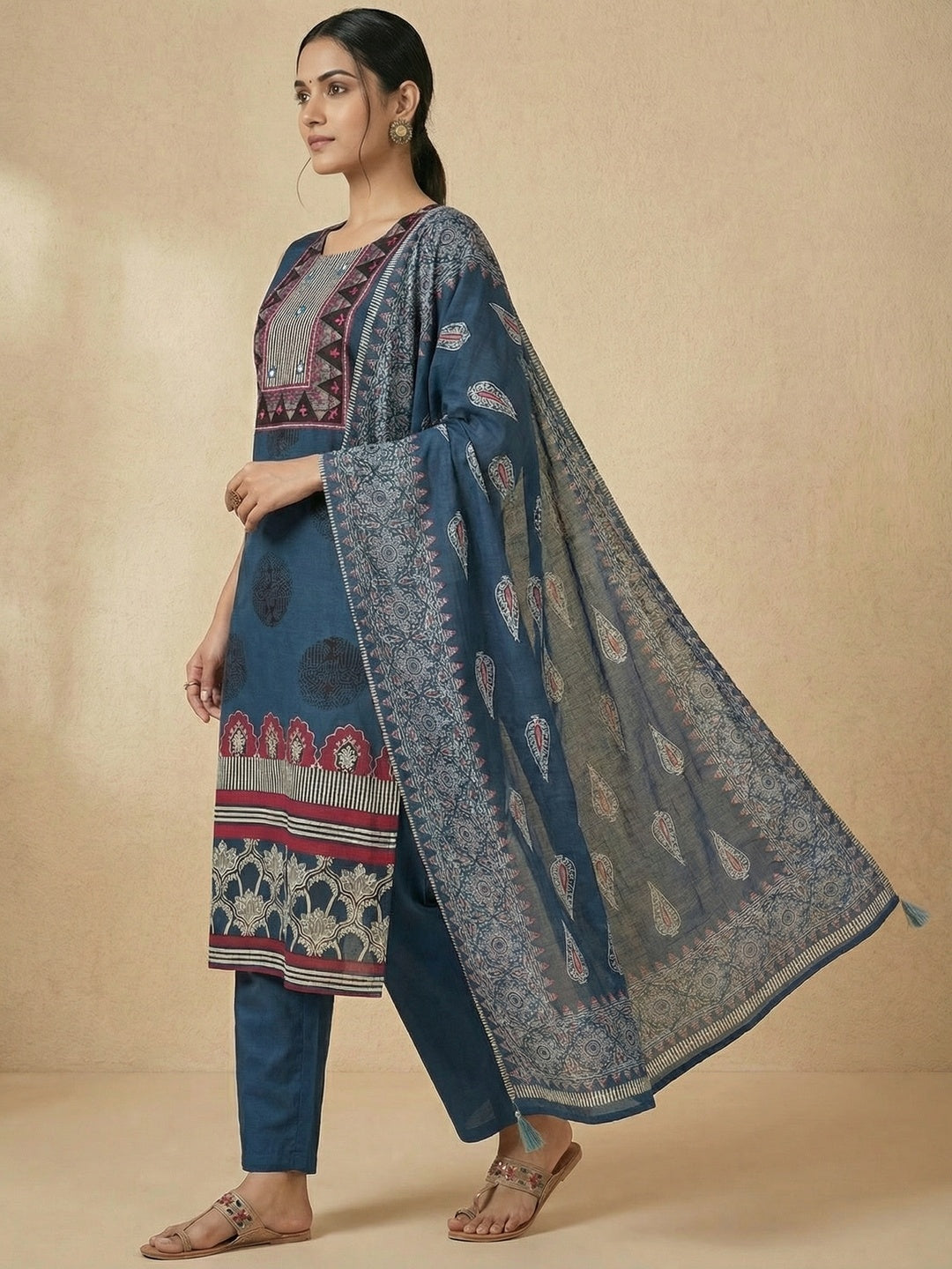 Elegant Blue Geometric Panel Printed Pure Cotton Straight Fit Salwar Suit - Image 4