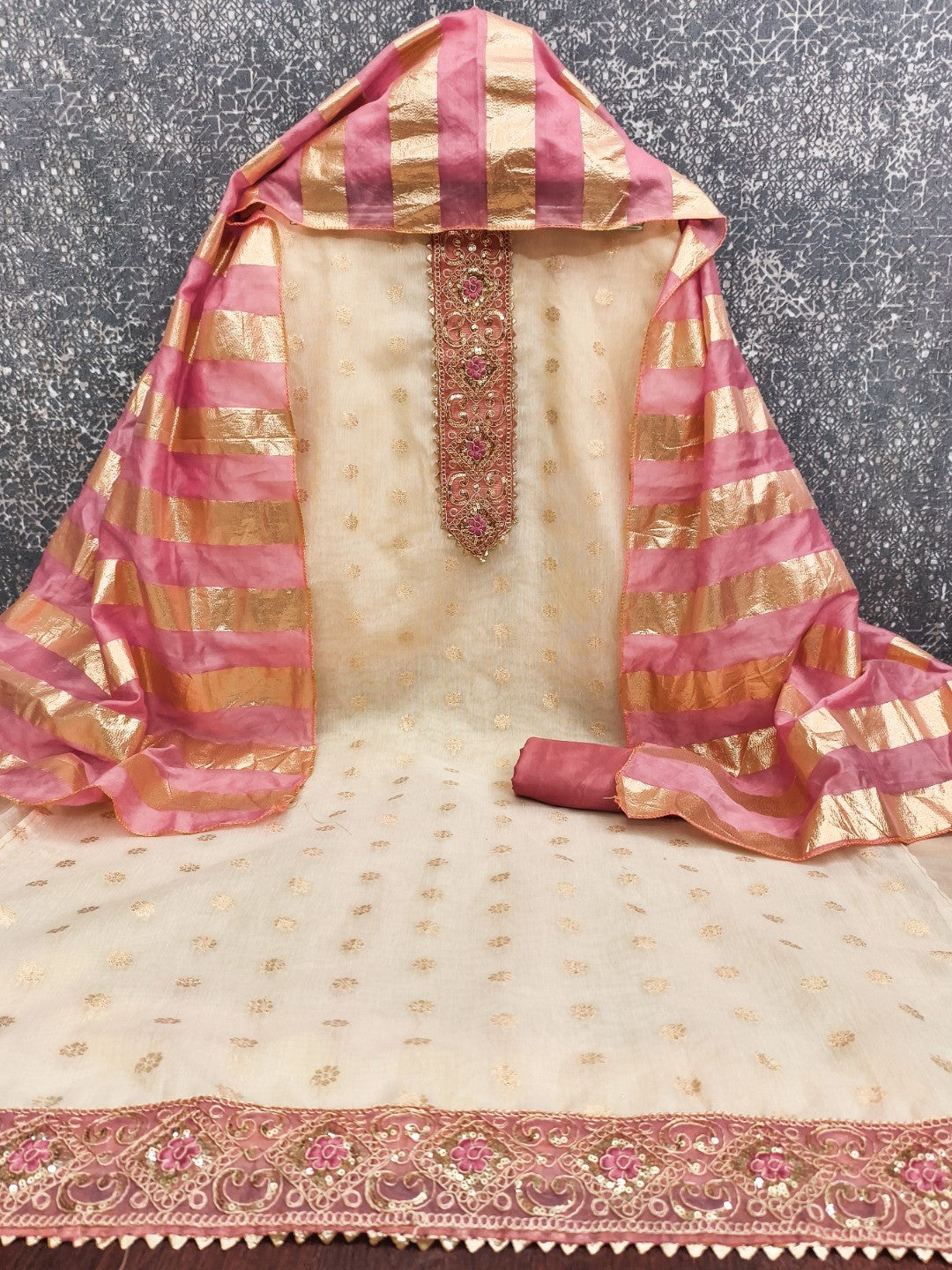 Cream & Pink Floral Weaving Shimmer Dress Material Adorned With Elegant Sequins Embroidery - Image 5