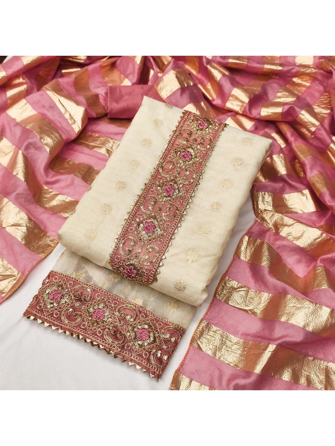 Cream & Pink Floral Weaving Shimmer Dress Material Adorned With Elegant Sequins Embroidery - Image 4