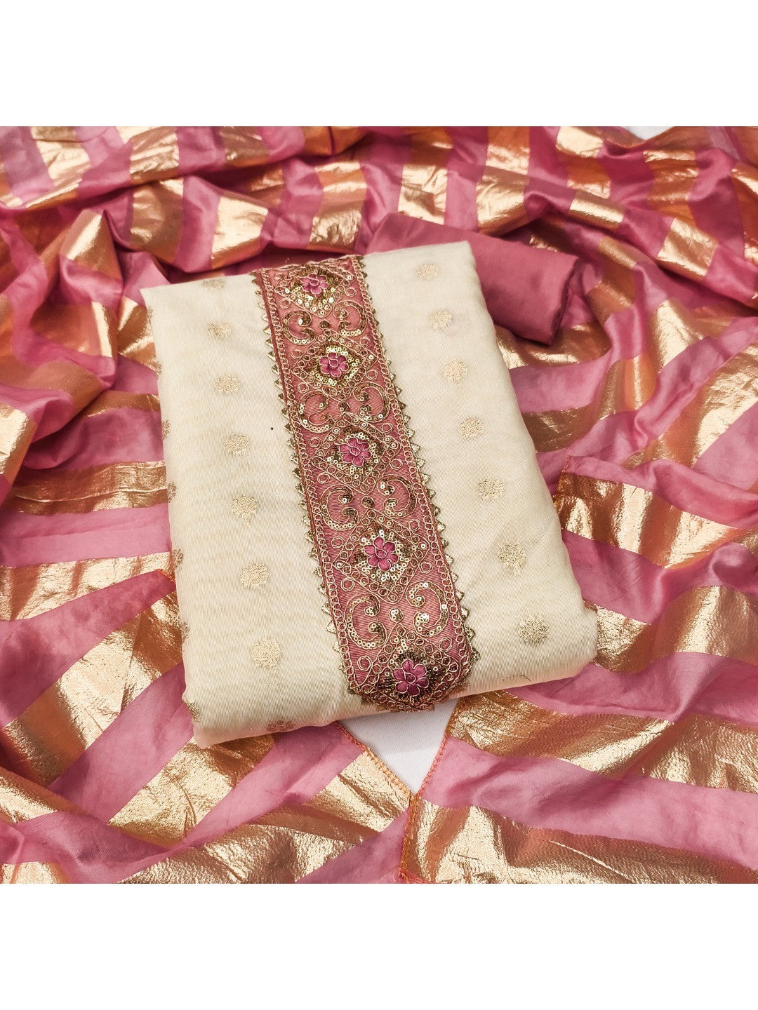 Cream & Pink Floral Weaving Shimmer Dress Material Adorned With Elegant Sequins Embroidery - Image 3