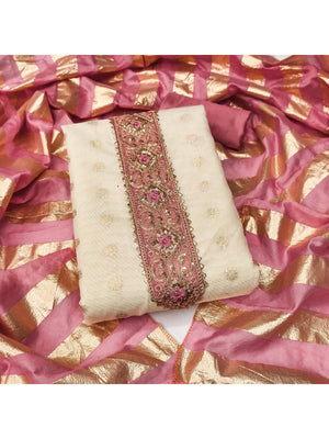 Cream & Pink Floral Weaving Shimmer Dress Material Adorned With Elegant Sequins Embroidery - Image 1