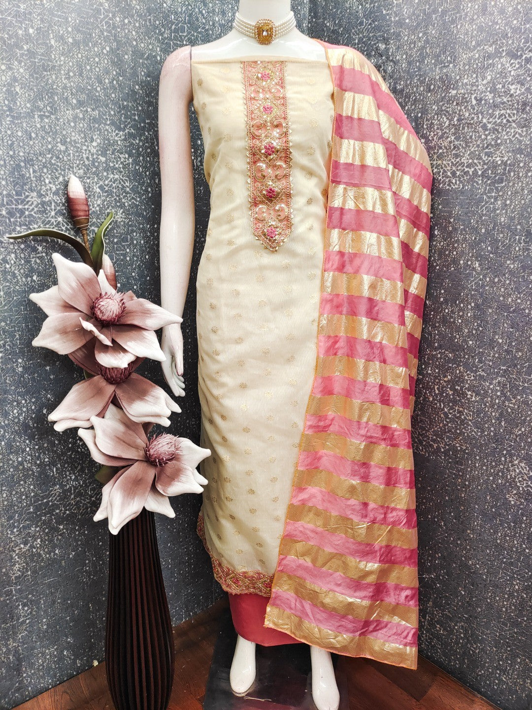 Cream & Pink Floral Weaving Shimmer Dress Material Adorned With Elegant Sequins Embroidery - Image 4