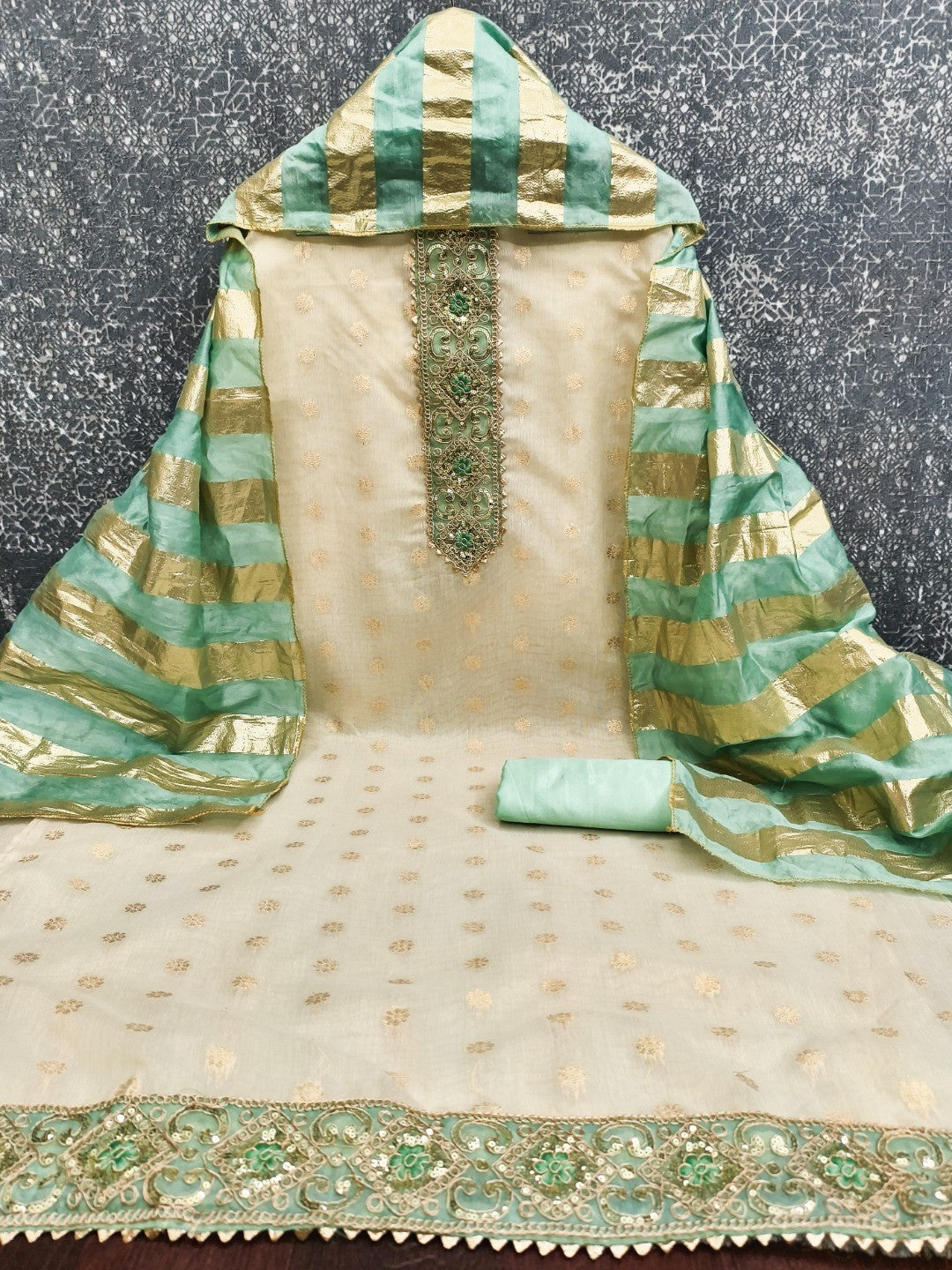 Cream & Sea Green Floral Weaving Shimmer Dress Material Adorned With Elegant Sequins Embroidery - Image 3