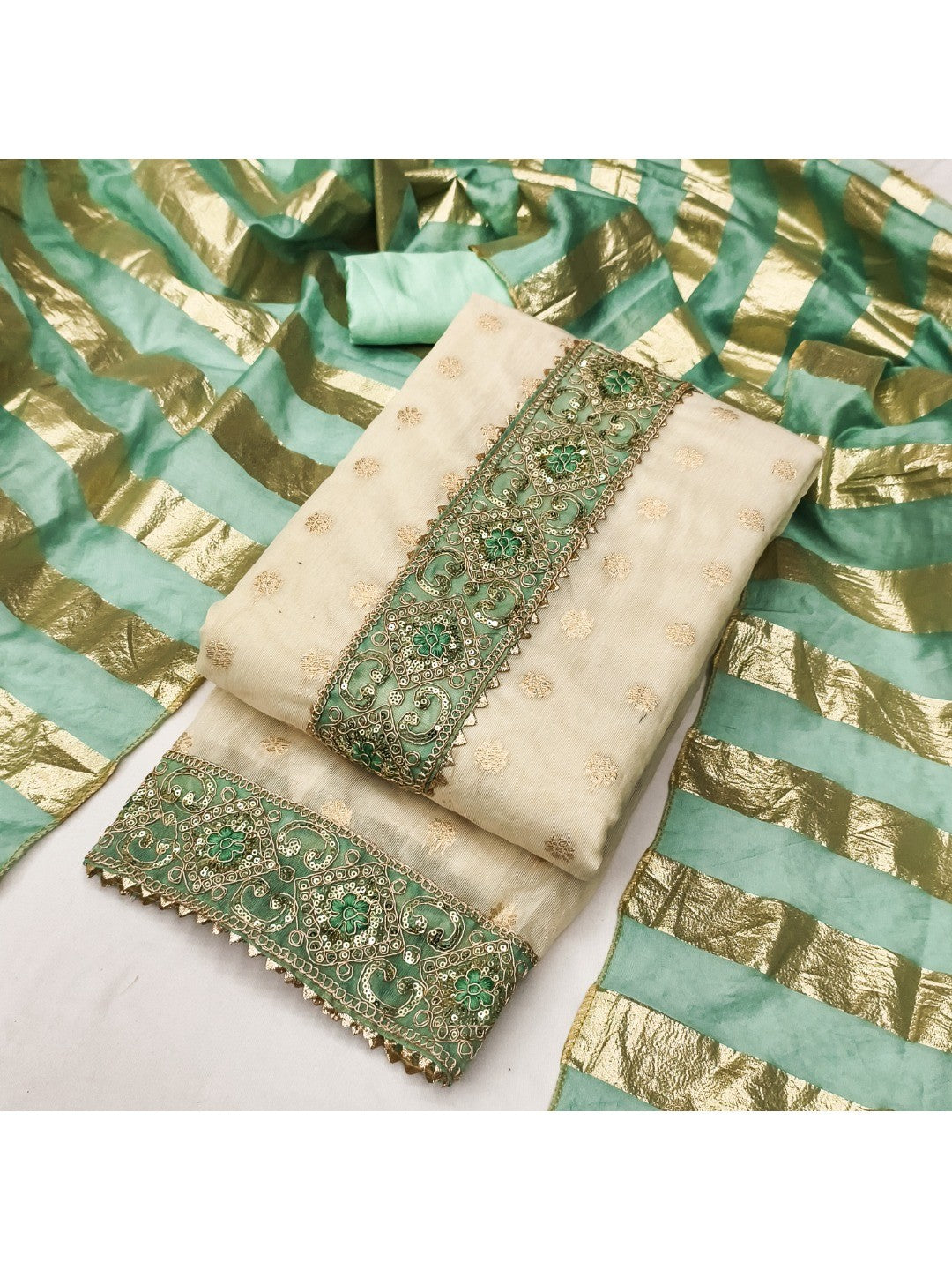 Cream & Sea Green Floral Weaving Shimmer Dress Material Adorned With Elegant Sequins Embroidery - Image 4