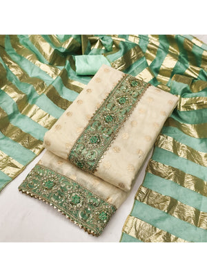 Cream & Sea Green Floral Weaving Shimmer Dress Material Adorned With Elegant Sequins Embroidery - Image 2