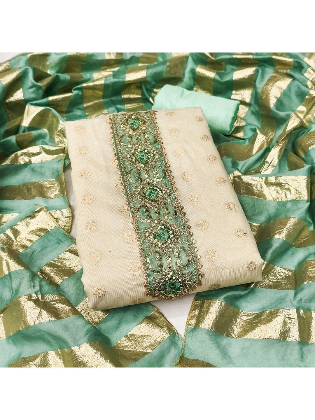 Cream & Sea Green Floral Weaving Shimmer Dress Material Adorned With Elegant Sequins Embroidery - Image 1