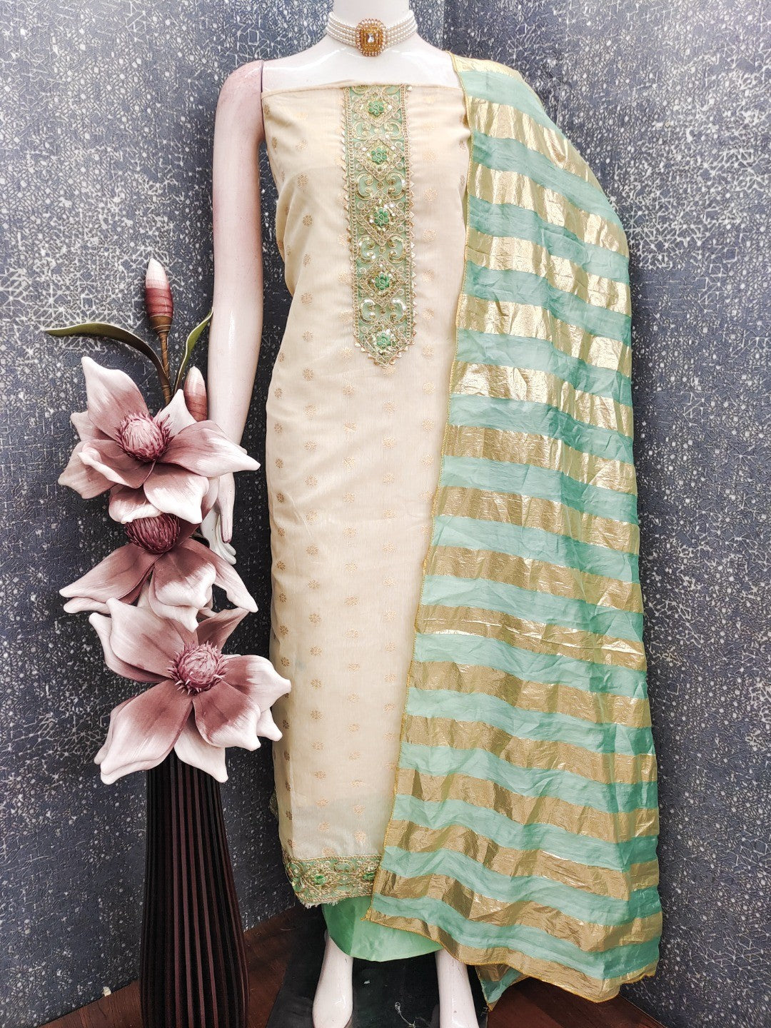 Cream & Sea Green Floral Weaving Shimmer Dress Material Adorned With Elegant Sequins Embroidery - Image 5