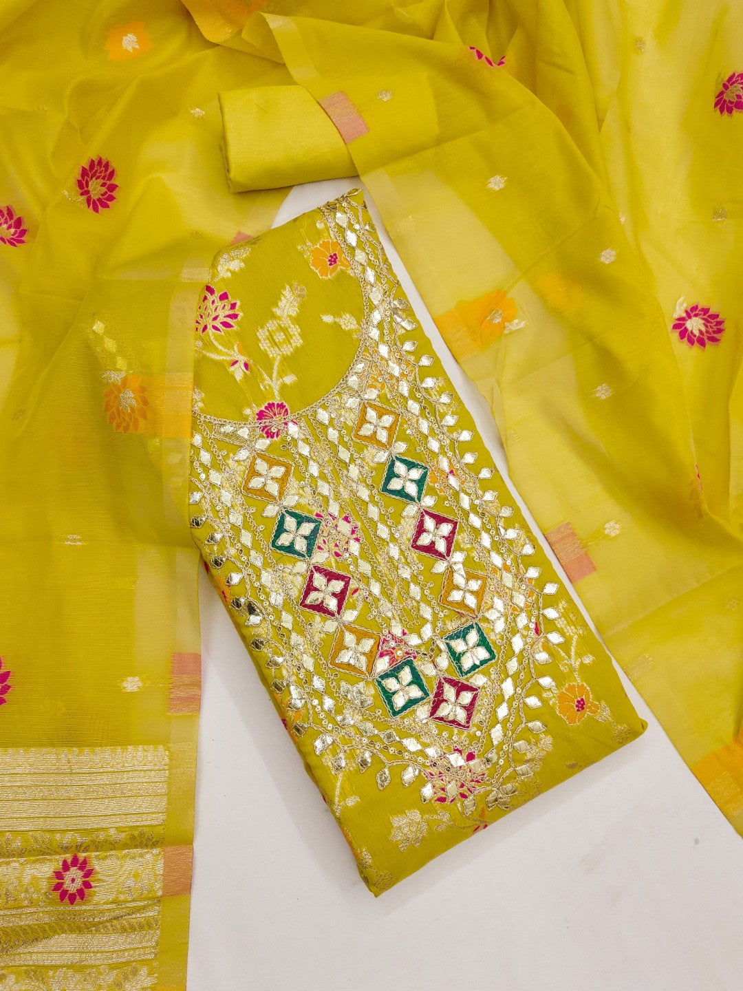 Elegant Lime Green Floral Weave Banarasi Silk Dress Material With Sequins Embroidered Accents - Image 3