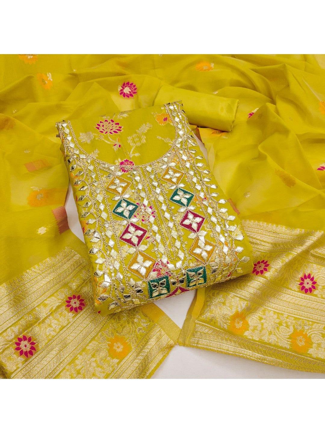 Elegant Lime Green Floral Weave Banarasi Silk Dress Material With Sequins Embroidered Accents - Image 5