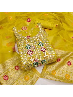 Elegant Lime Green Floral Weave Banarasi Silk Dress Material With Sequins Embroidered Accents - Image 2