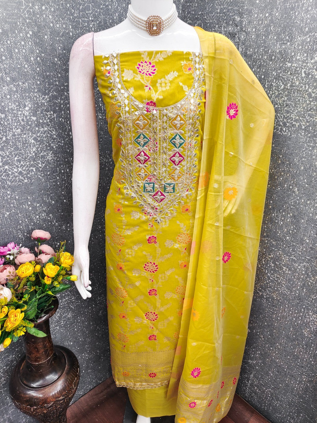 Elegant Lime Green Floral Weave Banarasi Silk Dress Material With Sequins Embroidered Accents - Image 6