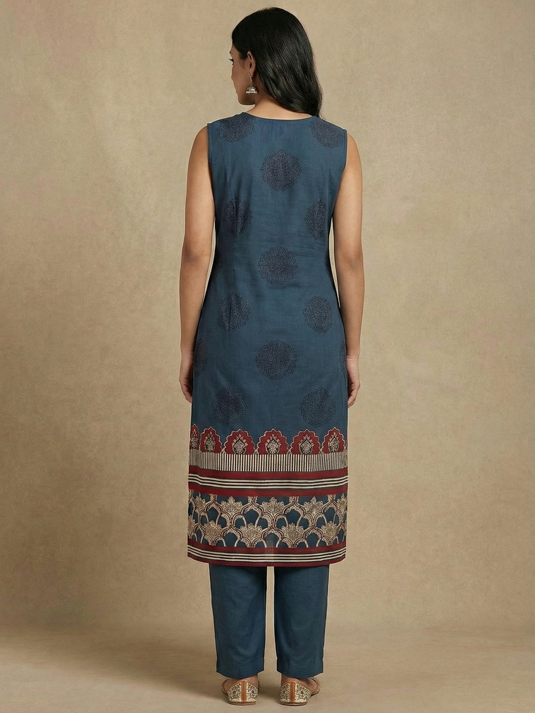 Elegant Blue Geometric Panel Printed Pure Cotton Straight Fit Salwar Suit - Image 3
