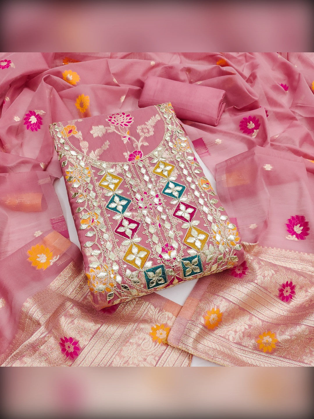 Elegant Pink Floral Weave Banarasi Silk Dress Material With Sequins Embroidered Accents - Image 1