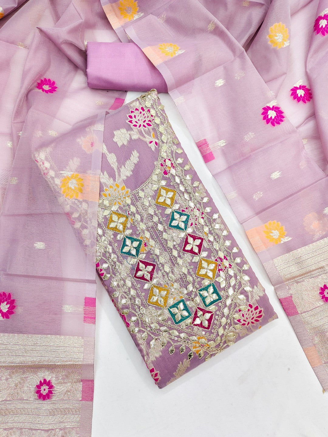 Elegant Lavender Green Floral Weave Banarasi Silk Dress Material With Sequins Embroidered Accents - Image 4