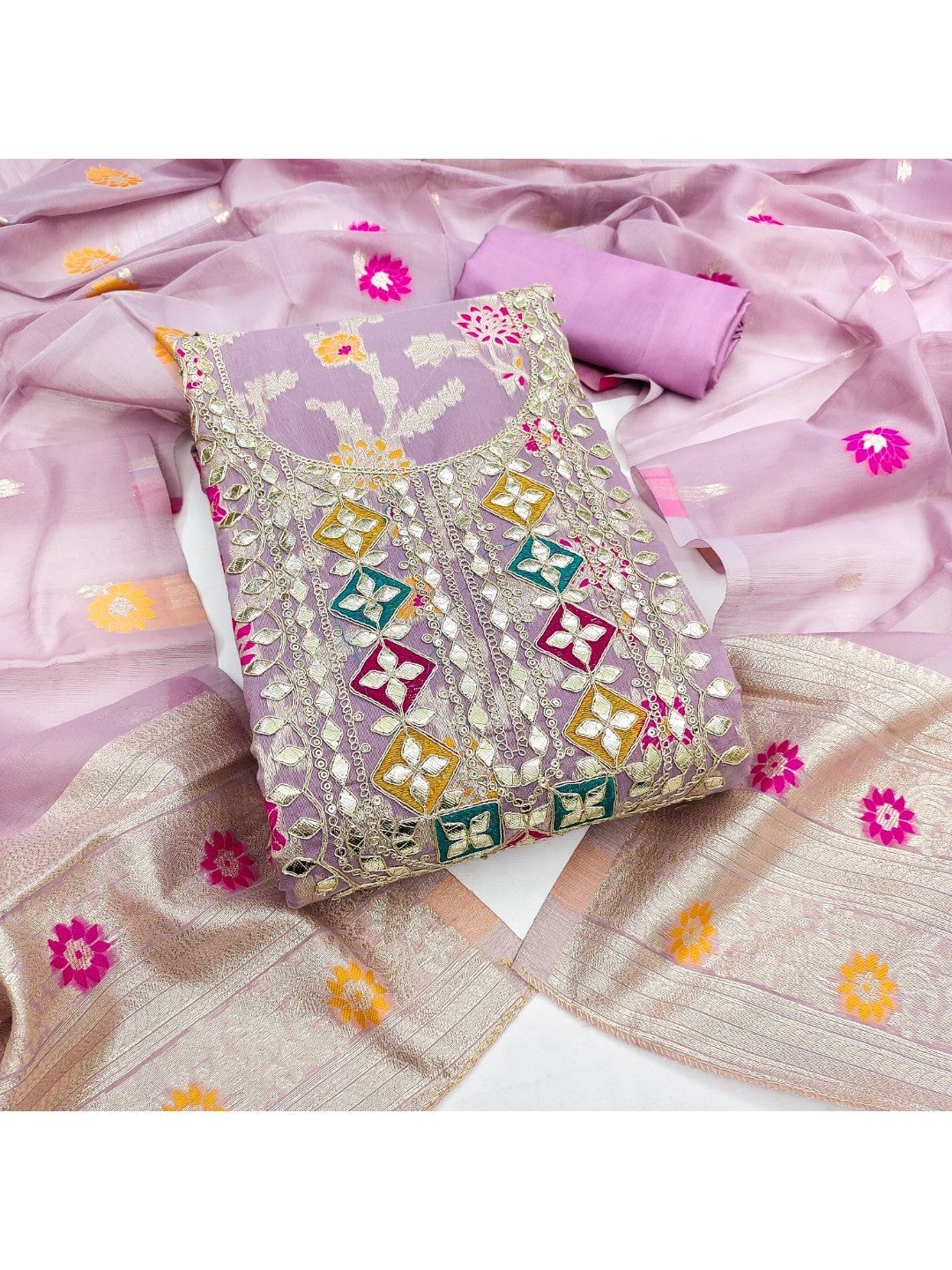 Elegant Lavender Green Floral Weave Banarasi Silk Dress Material With Sequins Embroidered Accents - Image 6