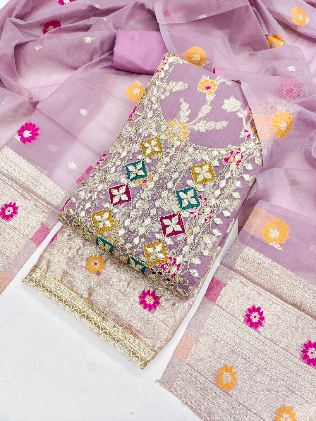 Elegant Lavender Green Floral Weave Banarasi Silk Dress Material With Sequins Embroidered Accents - Image 3