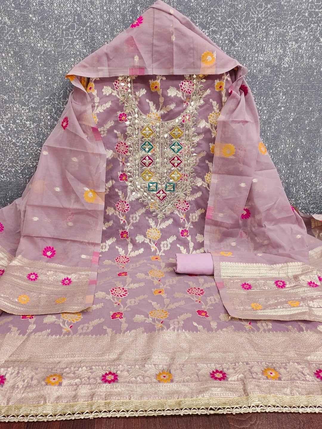 Elegant Lavender Green Floral Weave Banarasi Silk Dress Material With Sequins Embroidered Accents - Image 5