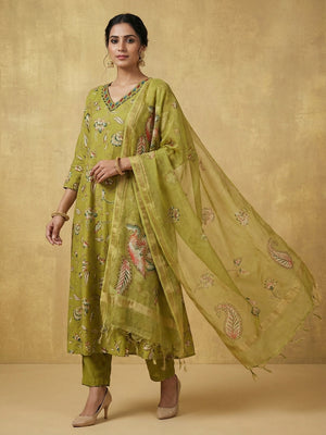 Designer Green Floral Print Viscose A-Line Salwar Suit for Festive and Occasion Wear - Image 1