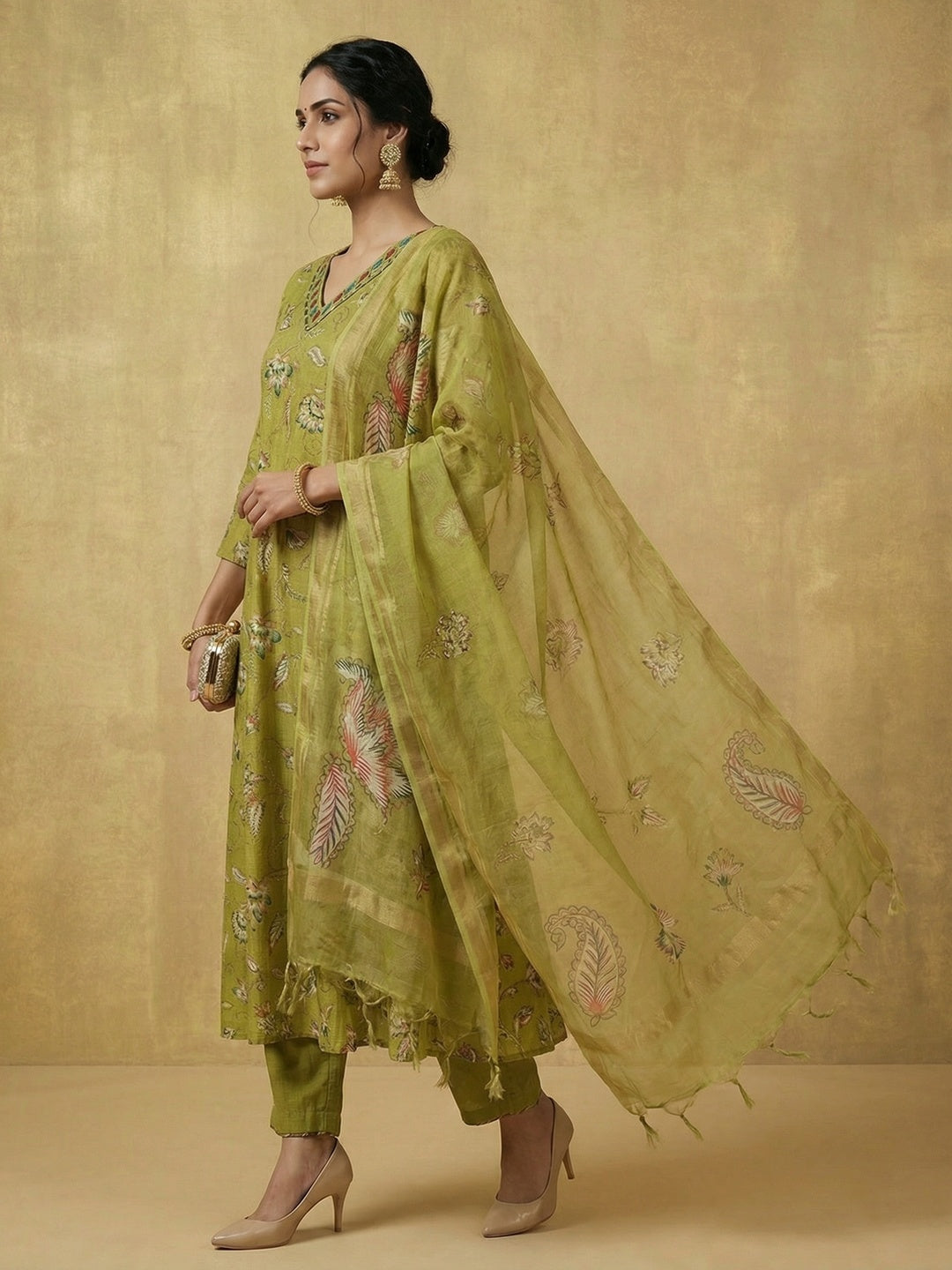 Designer Green Floral Print Viscose A-Line Salwar Suit for Festive and Occasion Wear - Image 4