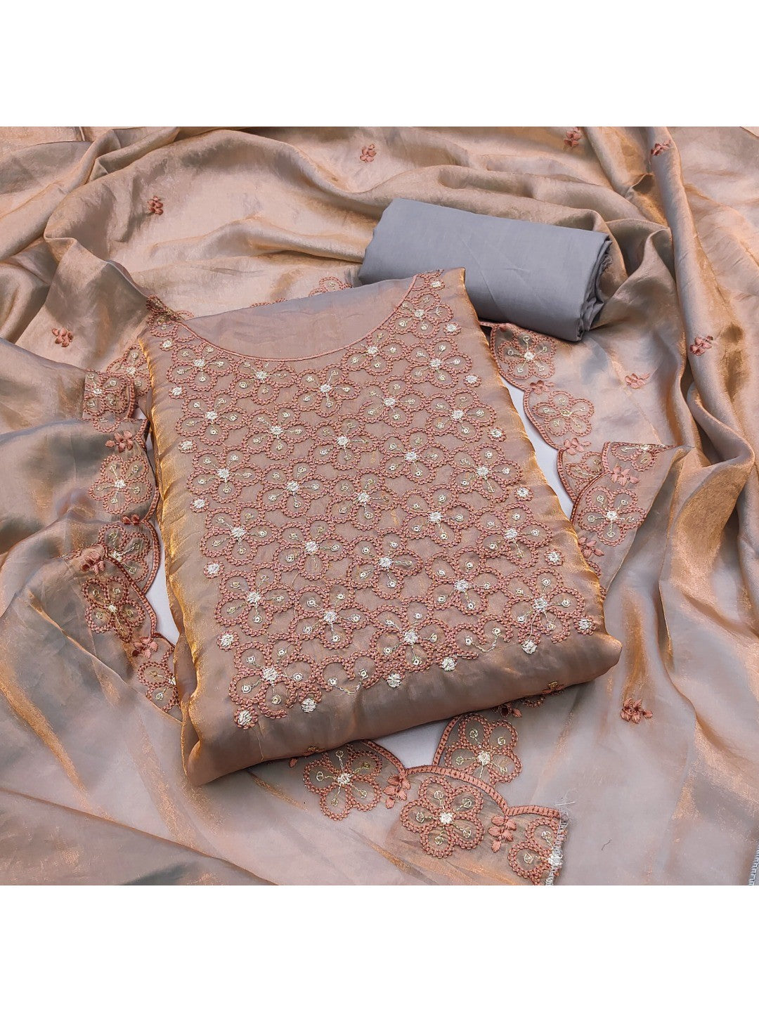 Charming Brown Floral Embroidery Organza Satin Silk Dress Material With Sequins Work - Image 1