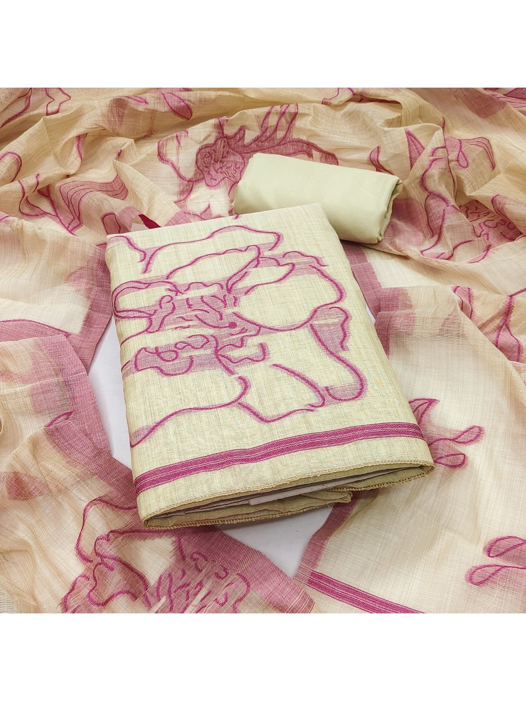 Graceful Cream & Pink Chanderi Cotton Suit Fabric with Floral Printed Dupatta - Image 2