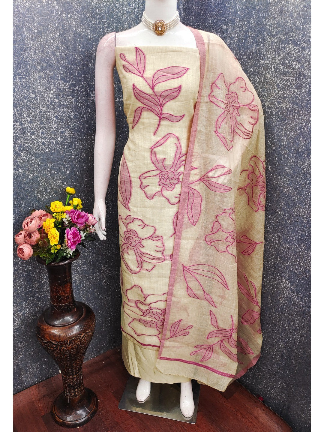 Graceful Cream & Pink Chanderi Cotton Suit Fabric with Floral Printed Dupatta - Image 4